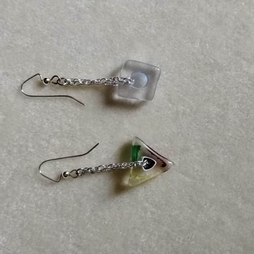 Hand Crafted Colorful Geometric Furnace Glass Drop Earrings - Picture 2 of 5